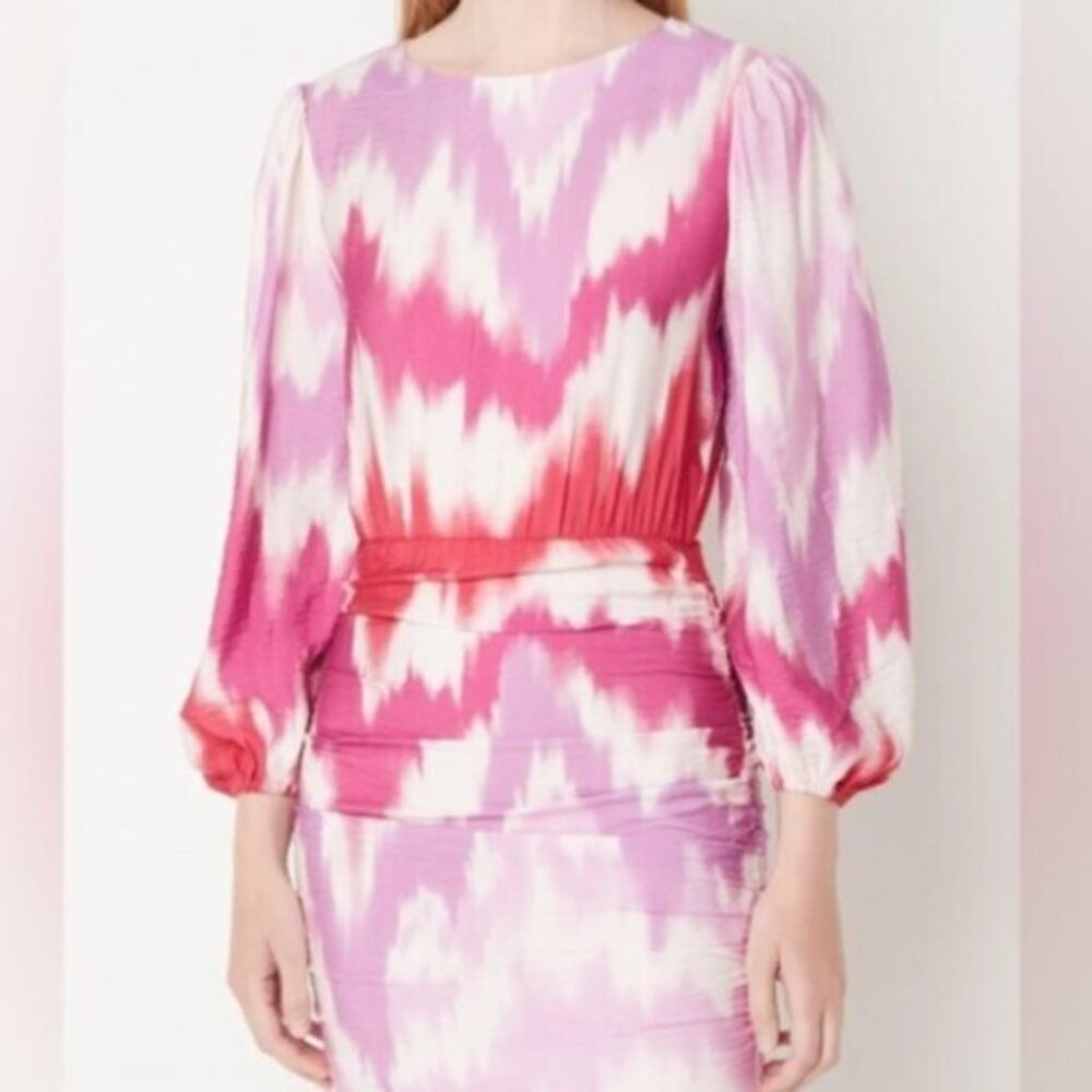MAJE Paris Pink Red Tie-Dye Shirred Mini Dress Open Back NWT US 6 / EU 38